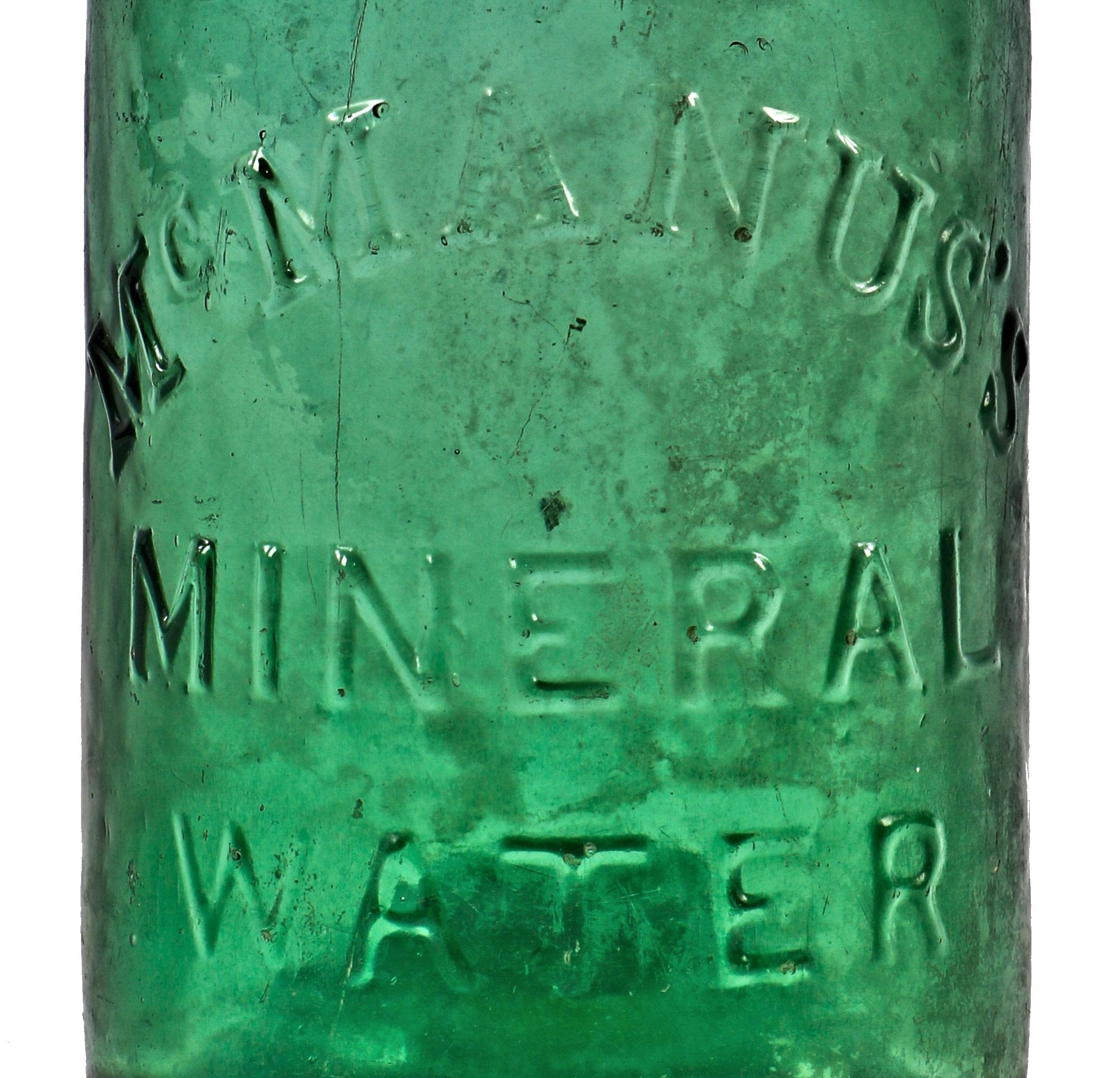 very rare original and largely intact mid-1840's american "mcmanus's mineral water" early soda bottle with heavy whittling and open-pontiled base