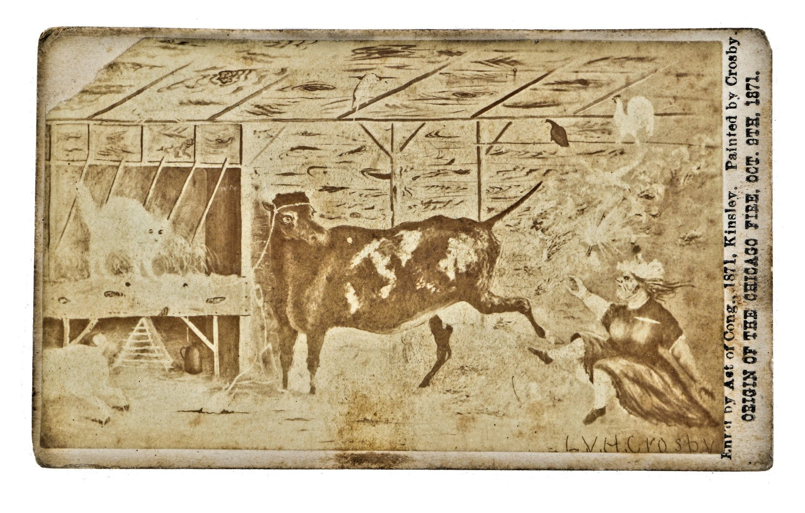 single rare c. 1871 chicago fire memorabilia cdv albumen and business card with image of crosby painting depicting origin of the fire