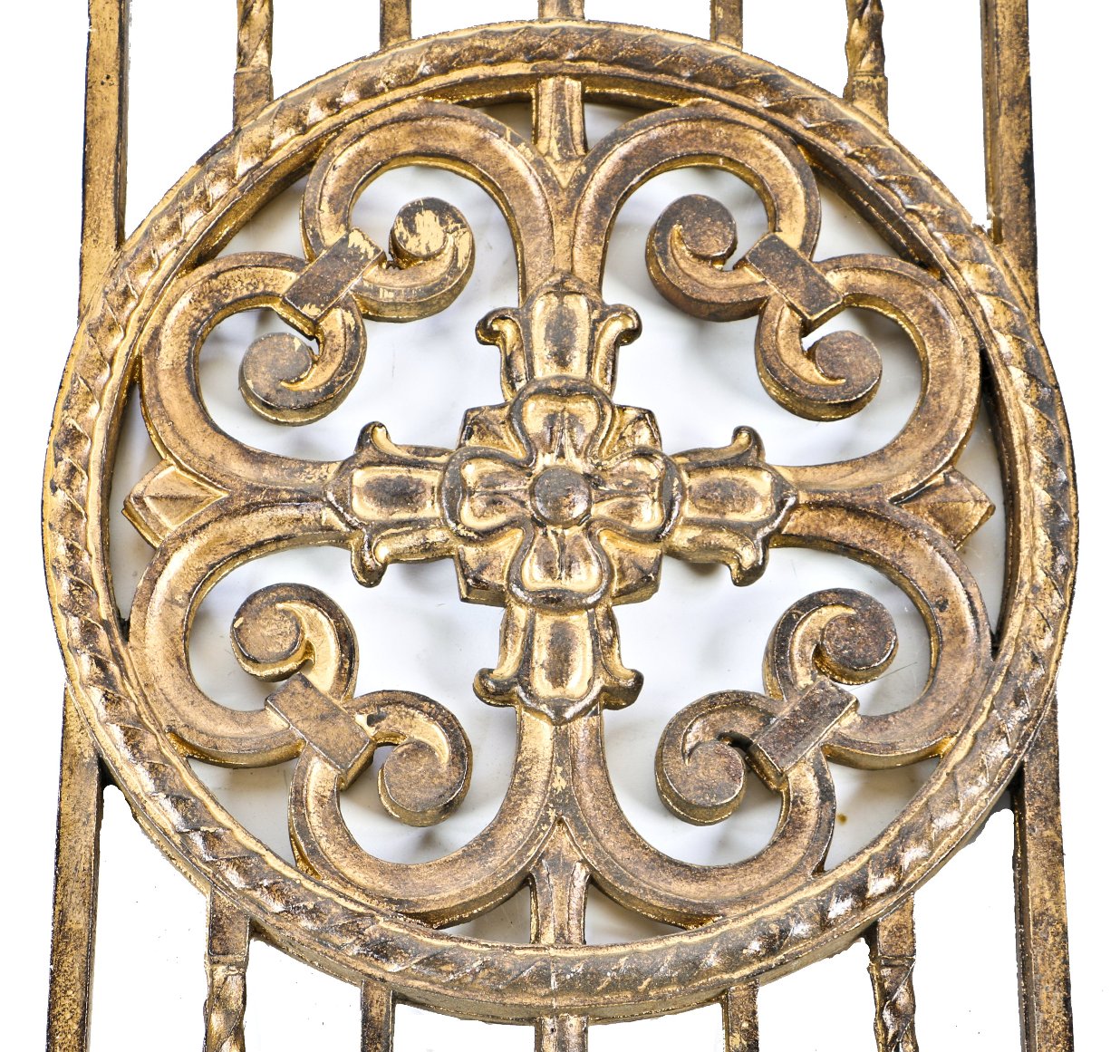 historically important late 1920's american ornamental cast iron neoclassical style historic sheridan theater lobby staircase baluster panel with gold enameled finish