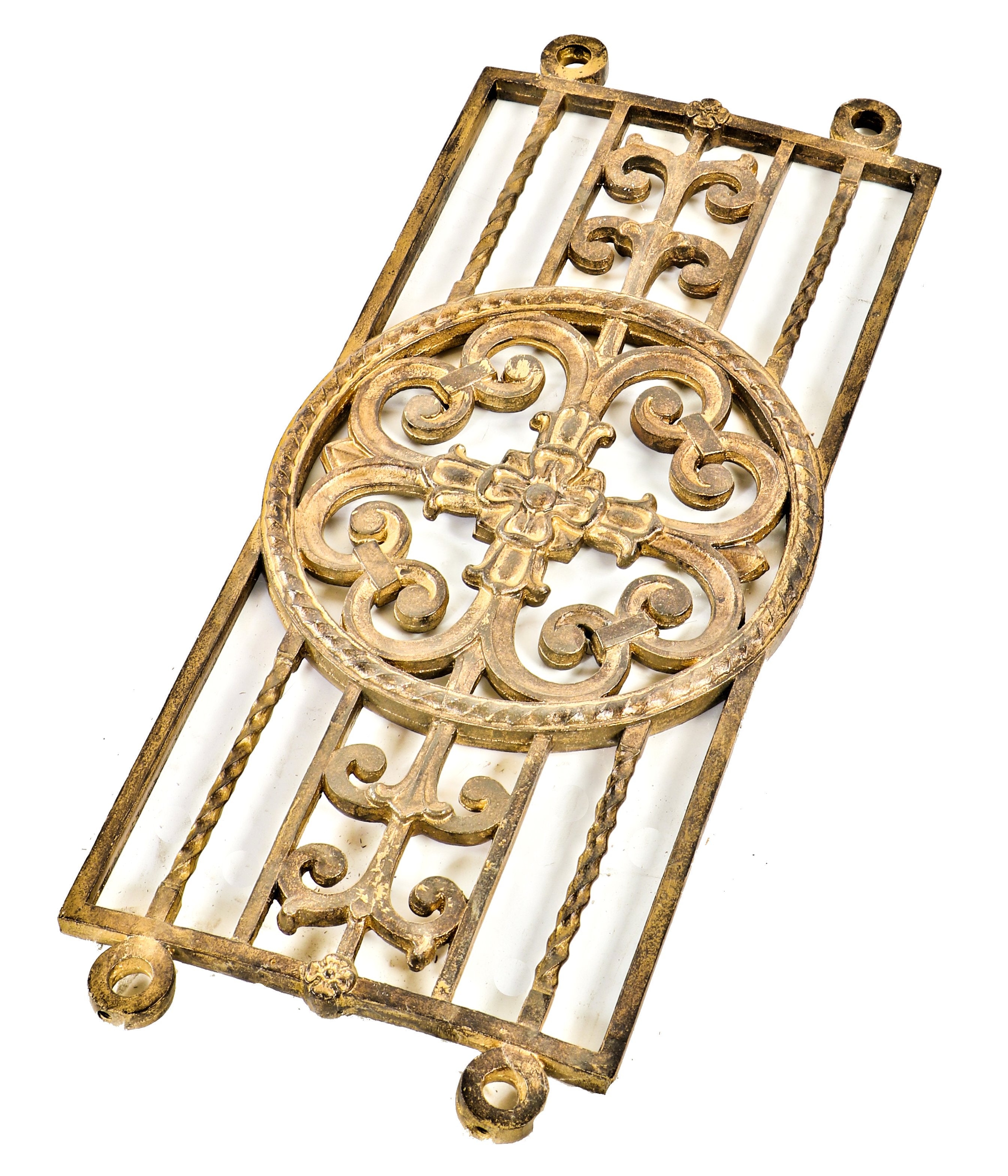 historically important late 1920's american ornamental cast iron neoclassical style historic sheridan theater lobby staircase baluster panel with gold enameled finish