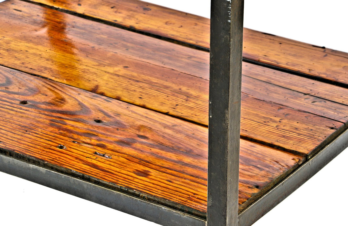 c. 1930's antique american depression era industrial welded joint angled steel two tier mobile factory cart with functional "creeper" wheels