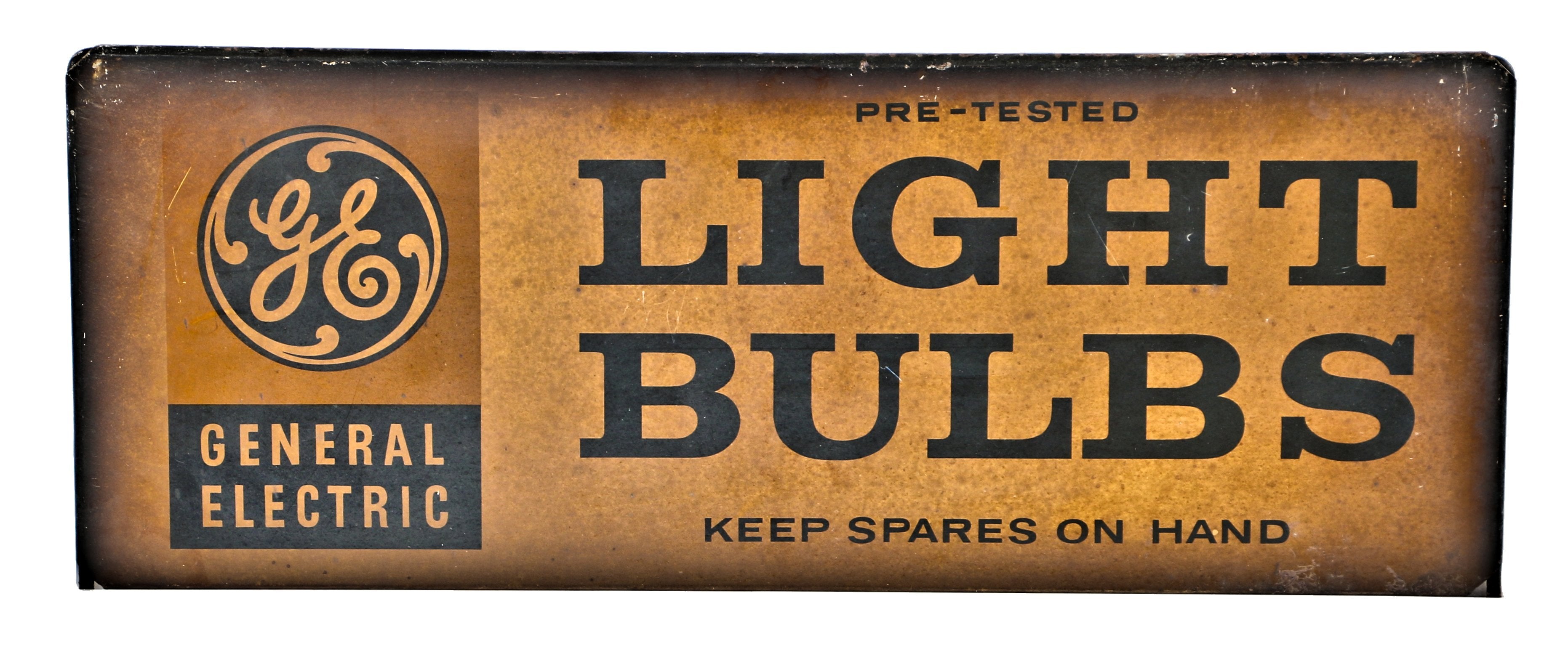 double-sided late 1930's lithographed steel "light bulbs" hardware store general electric display sign with naturally aged surface patina
