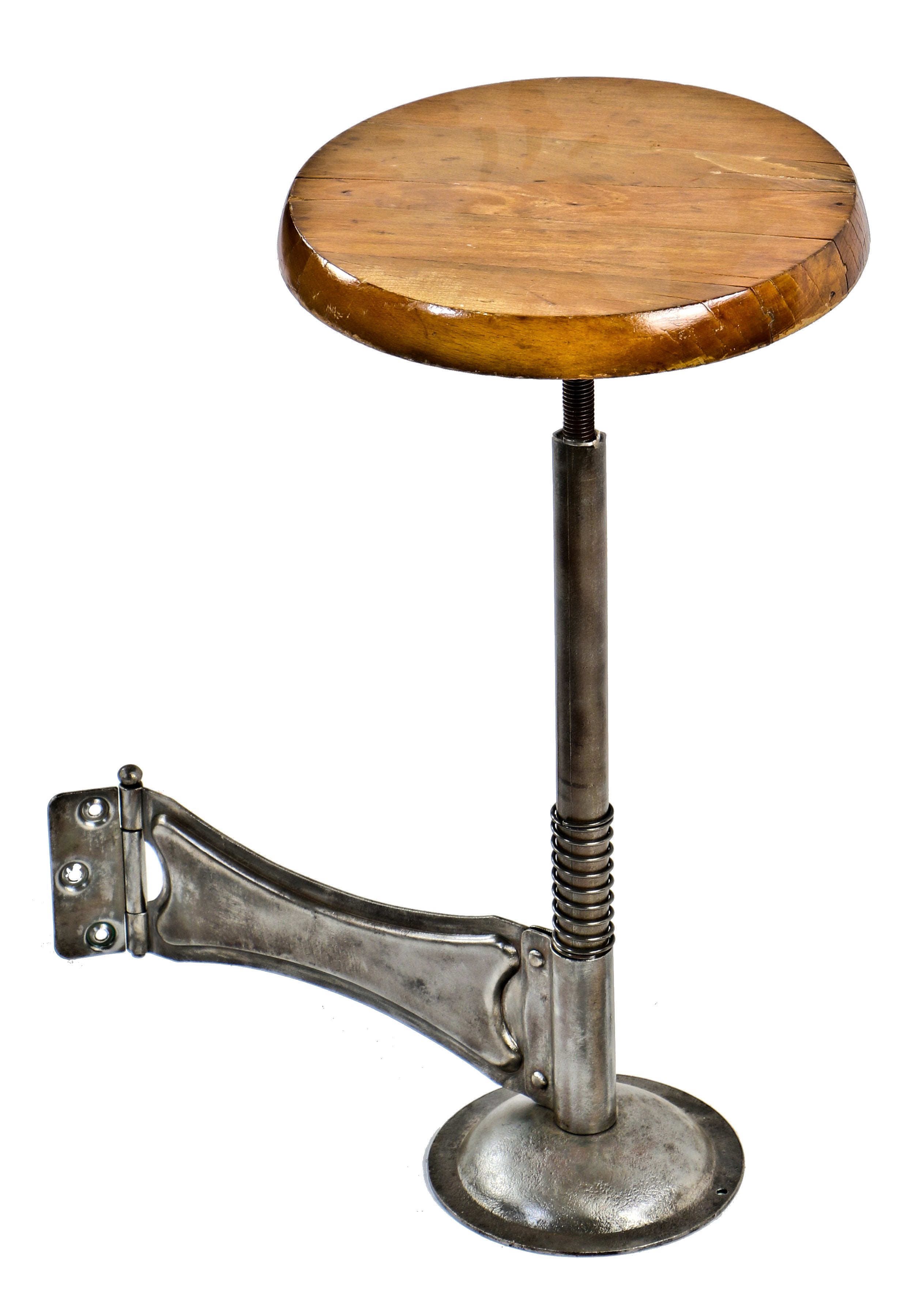 early 20th century unique adjustable height hinged lightweight american industrial elevator cab operator or desk stool with original bracket and solid maple wood seat