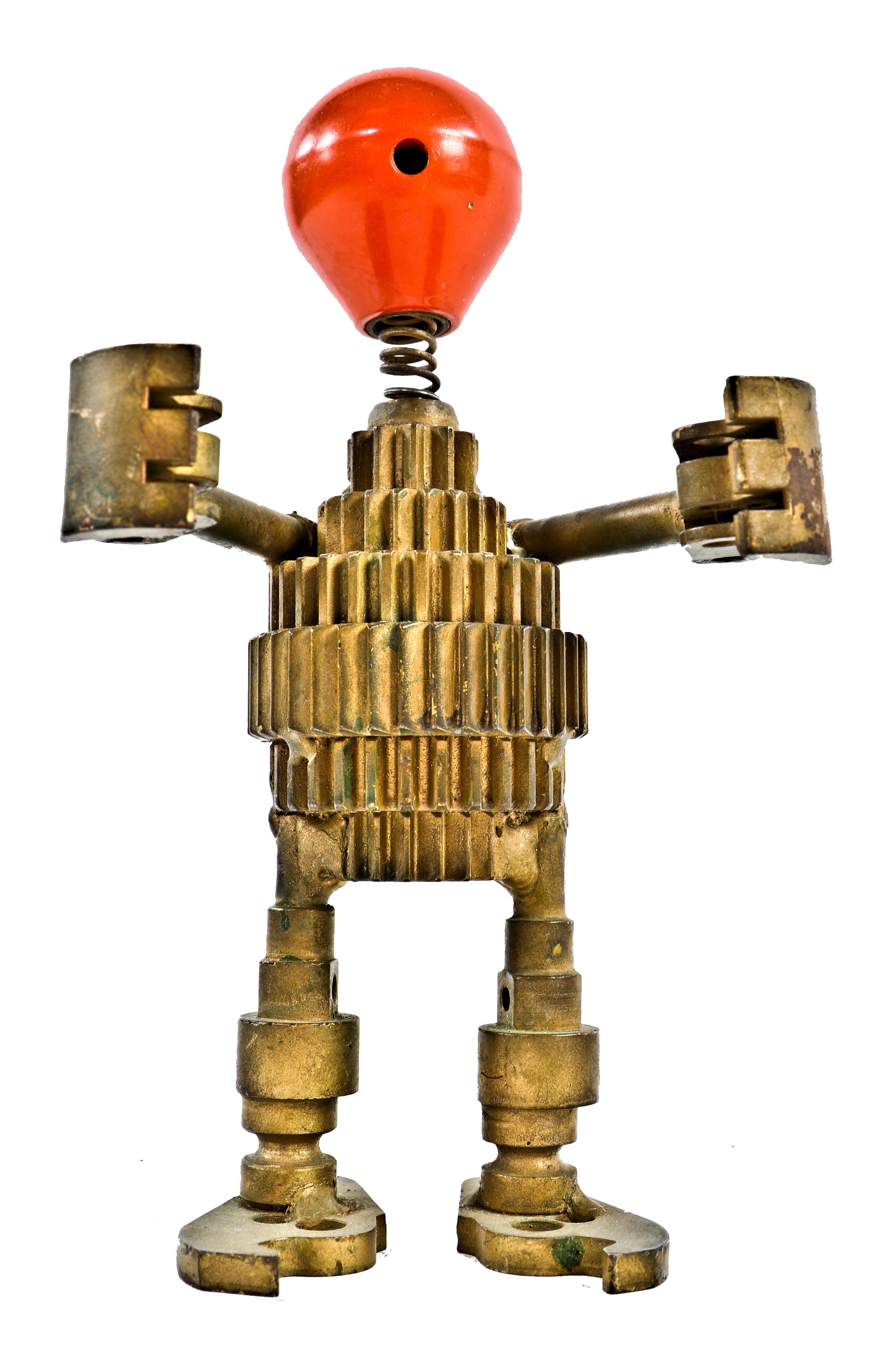 very unusual c. 1940's all-welded joint american industrial metallic gold enameled cast iron folk art sprocket "robot" with red ball handle "head"