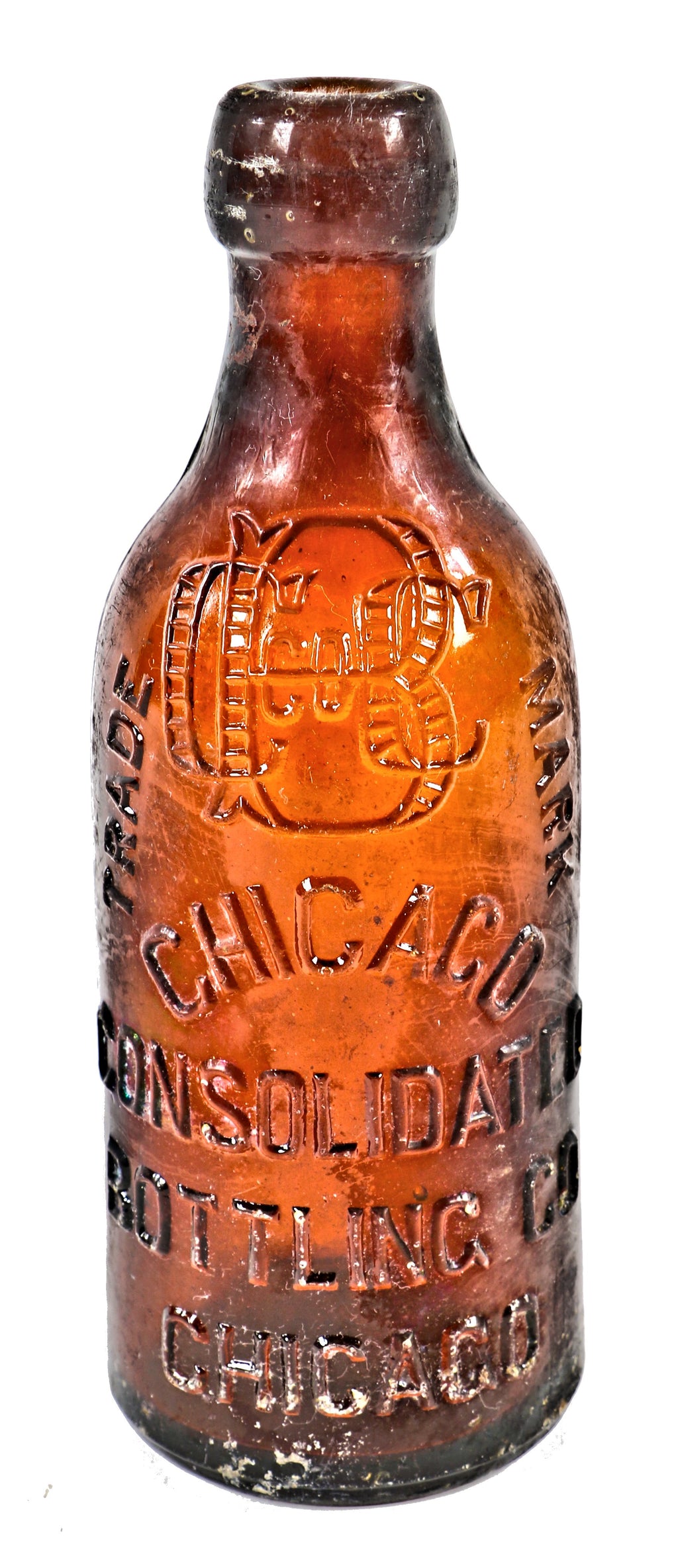 hard to find late nineteenth century privy dug and intact amber blobtop bottle fabricated for the chicago consolidated bottling company