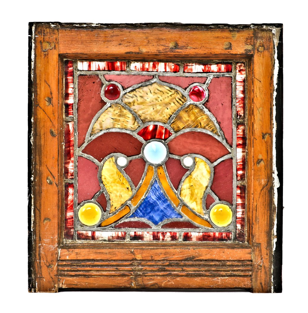 diminutive c. 1880's original and intact residential richly colored chicago three-flat triparite transom window with multiple faceted and smooth jewels