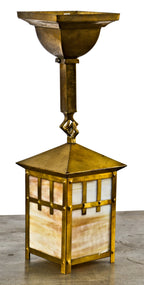 original and intact early 20th century antique american arts & crafts single electric yellow brass pendant light fixture with intact caramel "slag" glass panels