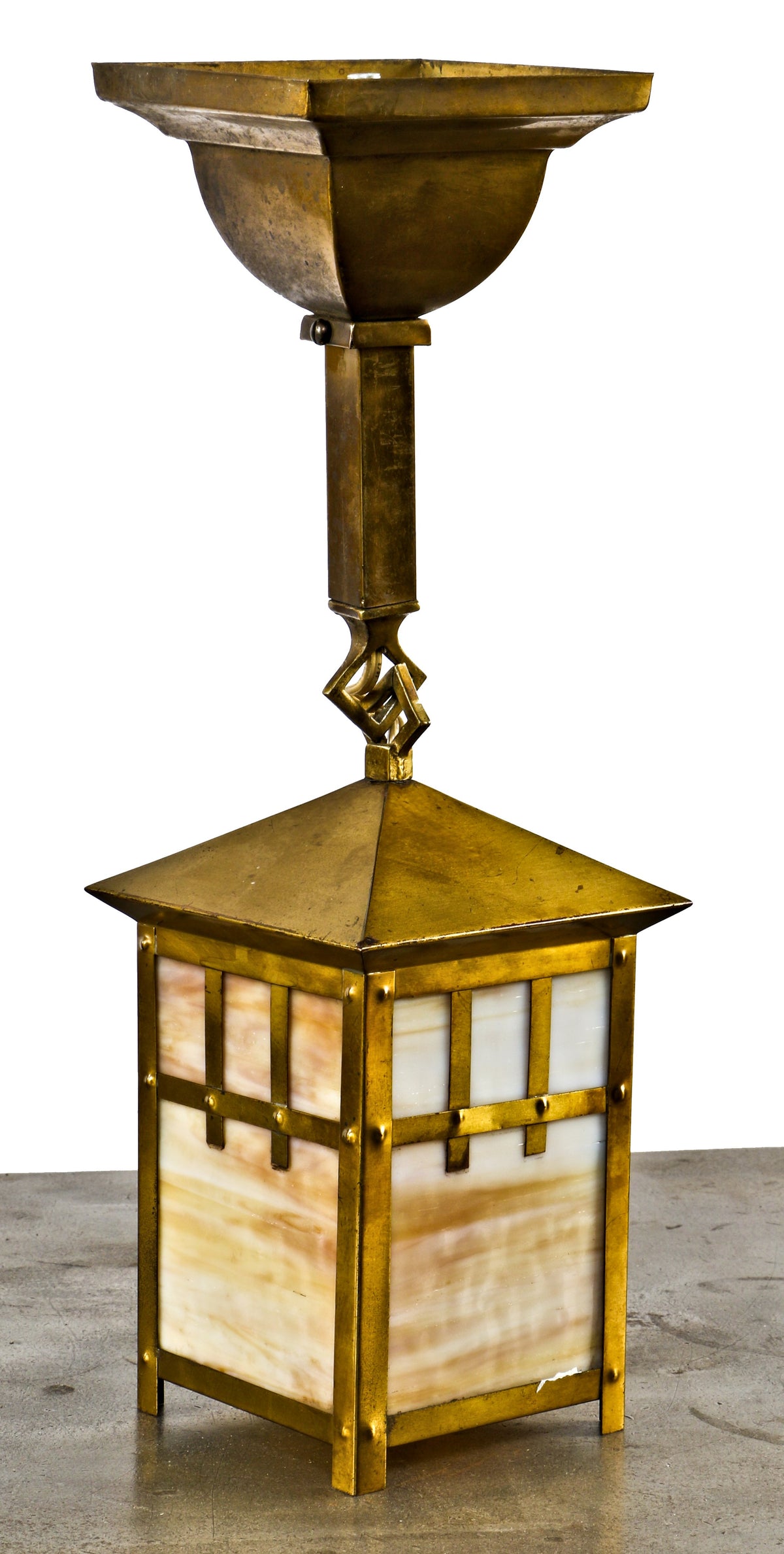 original and intact early 20th century antique american arts & crafts single electric yellow brass pendant light fixture with intact caramel "slag" glass panels
