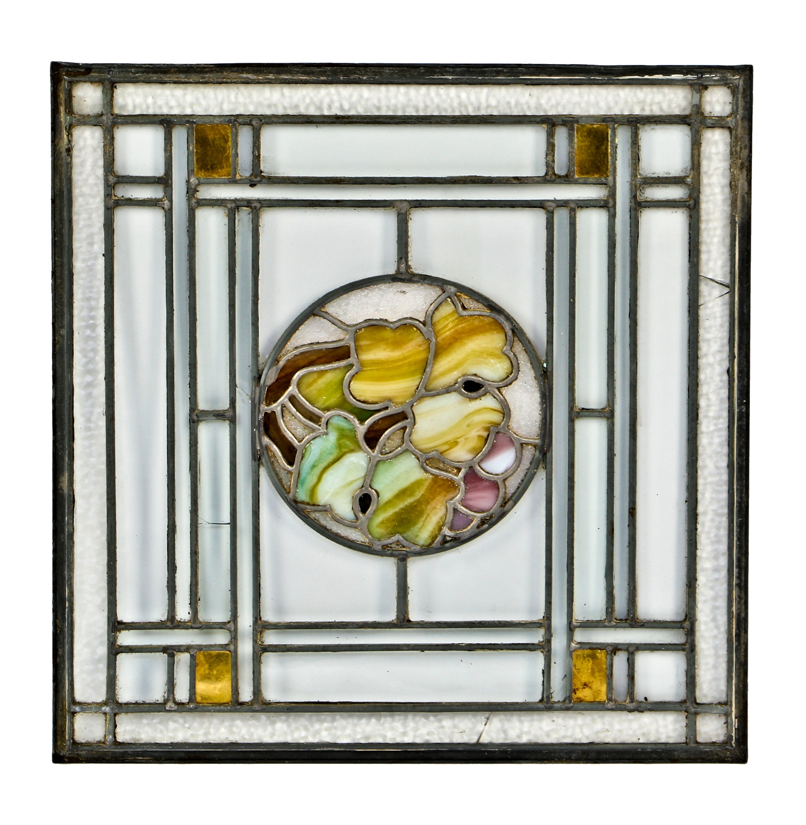original c. 1910-20 american prairie school style diminutive antique art glass window featuring a centrally located variegated glass floral motif