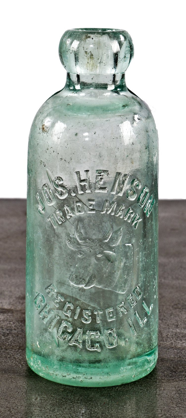 single early twentieth century privy dug antique light aqua glass embossed blobtop hutchinson soda bottle manufactured for chicago bottler jos. henson