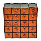 versatile c. 1940's american industrial interlocking diminutive pressed and folded steel compartments with intact lithographed graphics