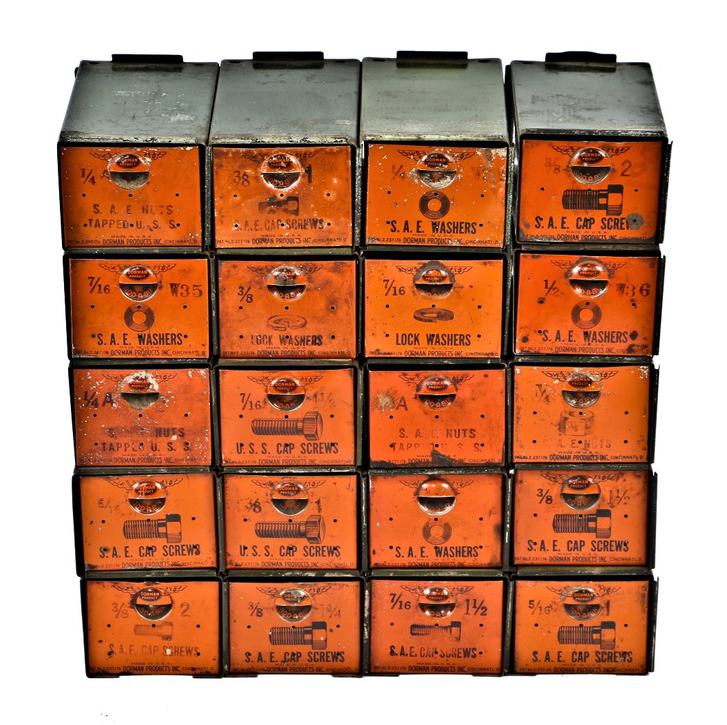 versatile c. 1940's american industrial interlocking diminutive pressed and folded steel compartments with intact lithographed graphics
