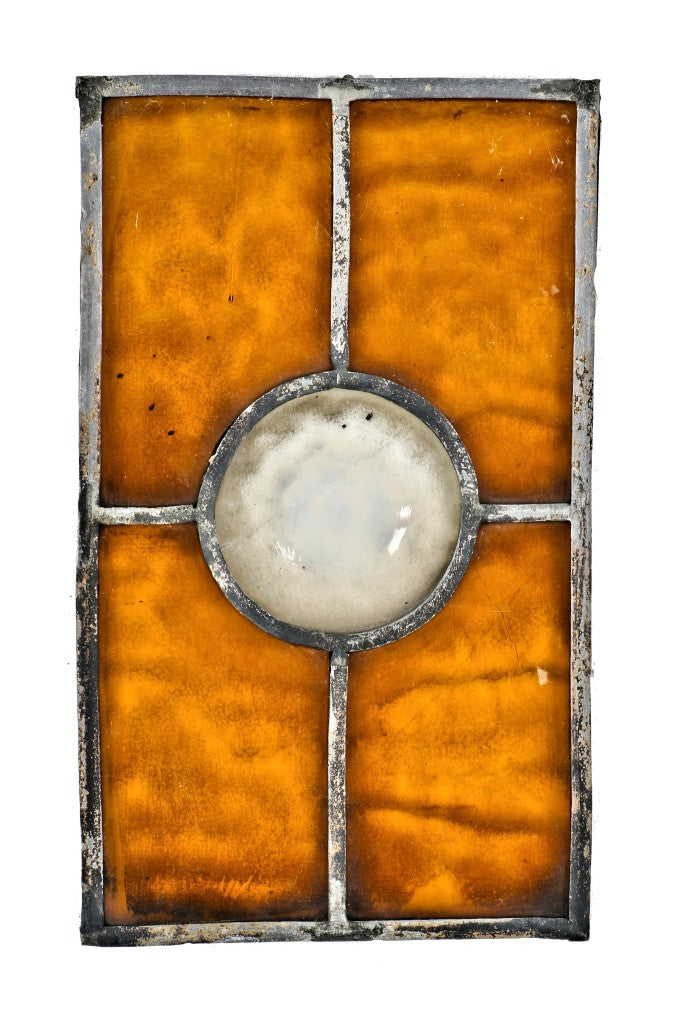 set of three worn and weathered partially intact late 19th century adams street church original art glass windows with amber cathedral roll glass surrounding oversized opalescent rondels