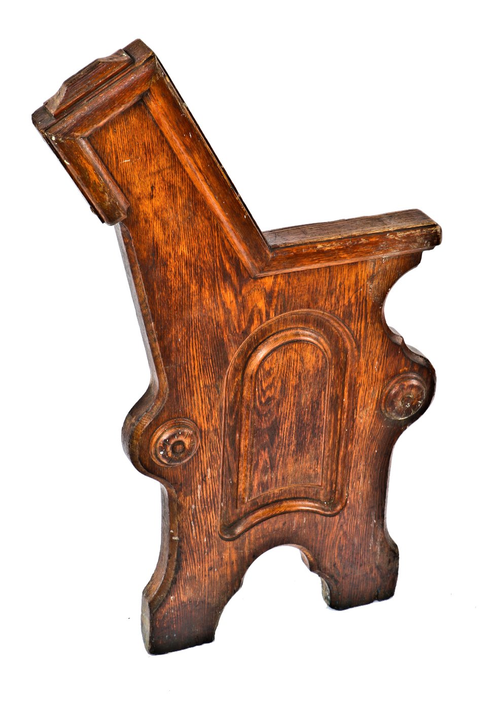 single late 1880's original and well-maintained solid oak wood adams street church building interior church pew end with protruding rosettes and incised "tombstone"