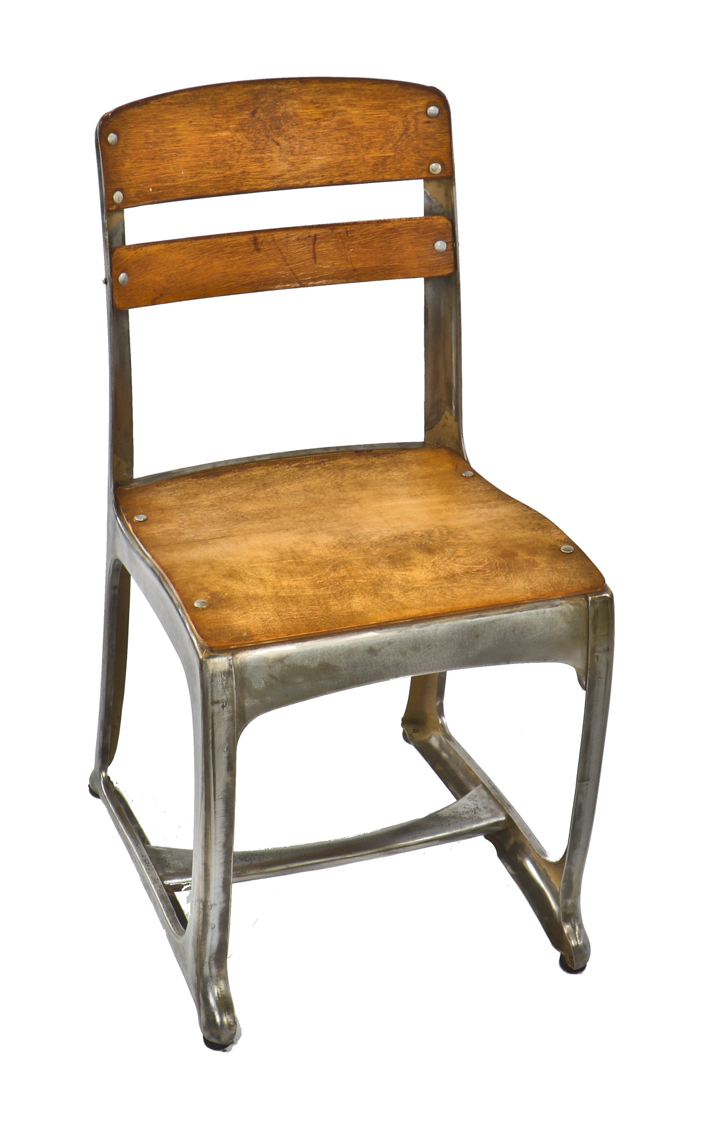 six matching original american depression era maple wood and pressed and folded steel stationary chicago public school classroom chairs with brushed and sanded finish