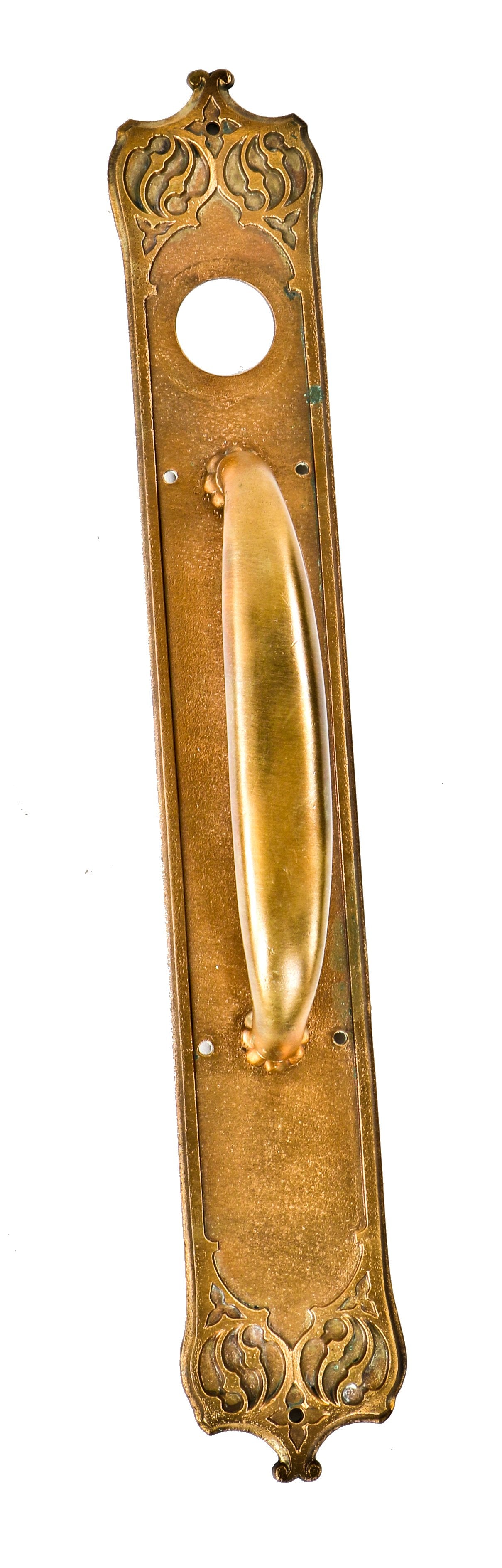 outstanding all original and nicely aged oversized late 19th century "westminster" gothic revival style salvaged church door pull with ornamental backplate