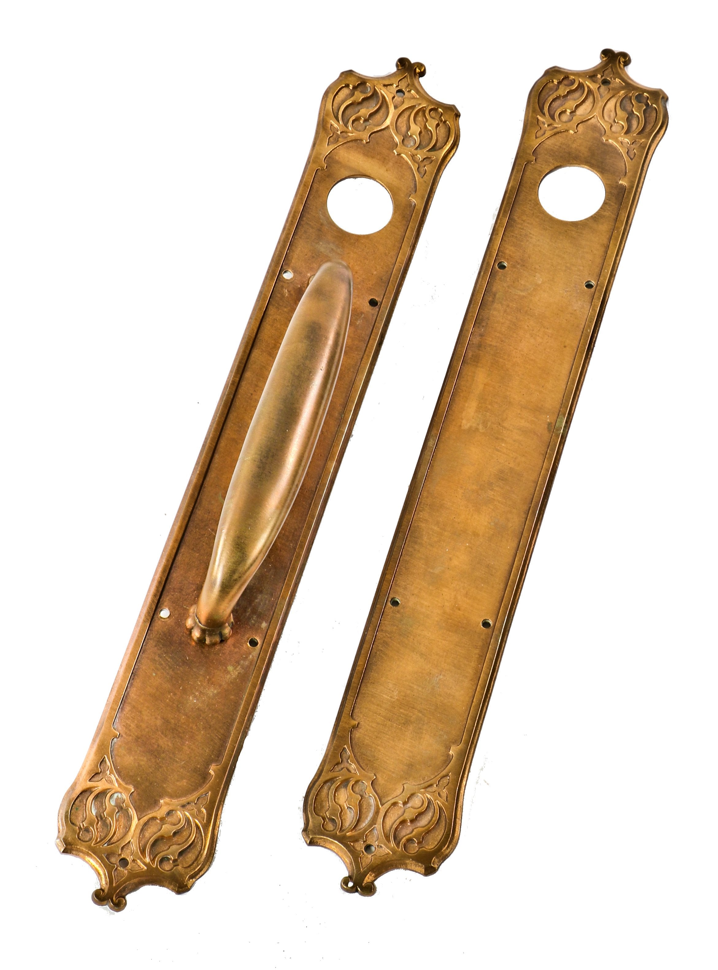 hard to find original late 19th or early 20th antique american ornamental cast bronze gothic revival style exterior minnesota church building door handle and push plate