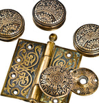 matching set of c. 1880's antique american ornamental cast brass banded rim eastlake style interior church door handles or knobs with black enameled inlay