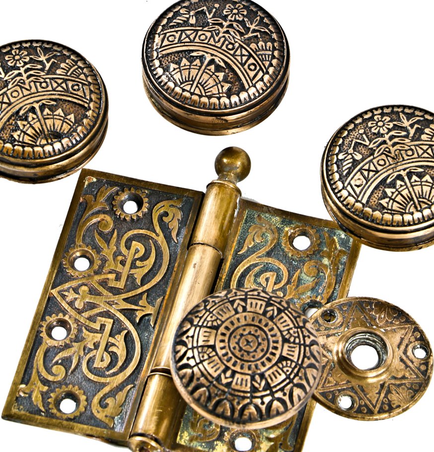 matching set of c. 1880's antique american ornamental cast brass banded rim eastlake style interior church door handles or knobs with black enameled inlay