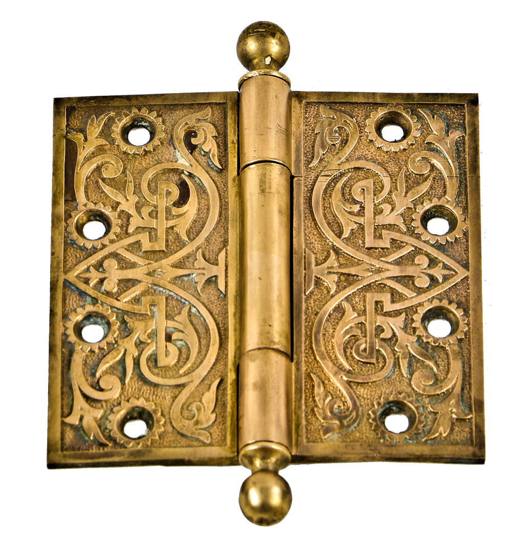 one of four matching original ornamental cast bronze late 1880's fully functional chicago church loose pine door hinges with unadorned ball finials