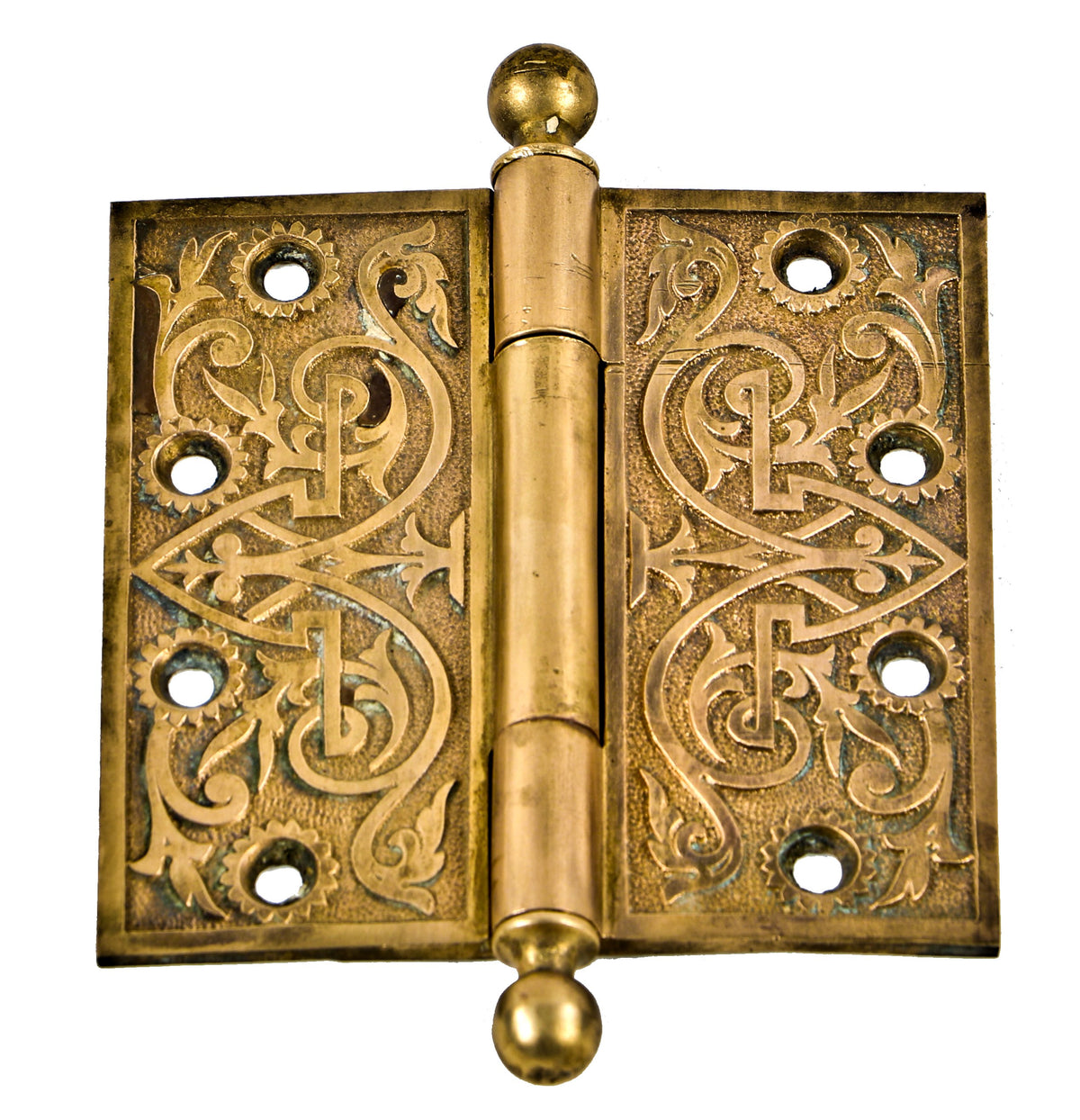one of four matching original ornamental cast bronze late 1880's fully functional chicago church loose pine door hinges with unadorned ball finials