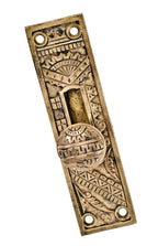 original and largely intact c. 1880's antique american ornamental cast brass salvaged chicago church door flush mount sliding door bolt with diminutive knob