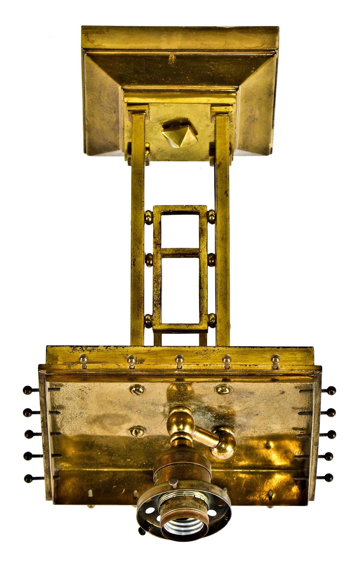 very unusual early 20th century antique american arts & crafts or prairie style yellow brass flush mount pendant light fixture with original ceiling canopy