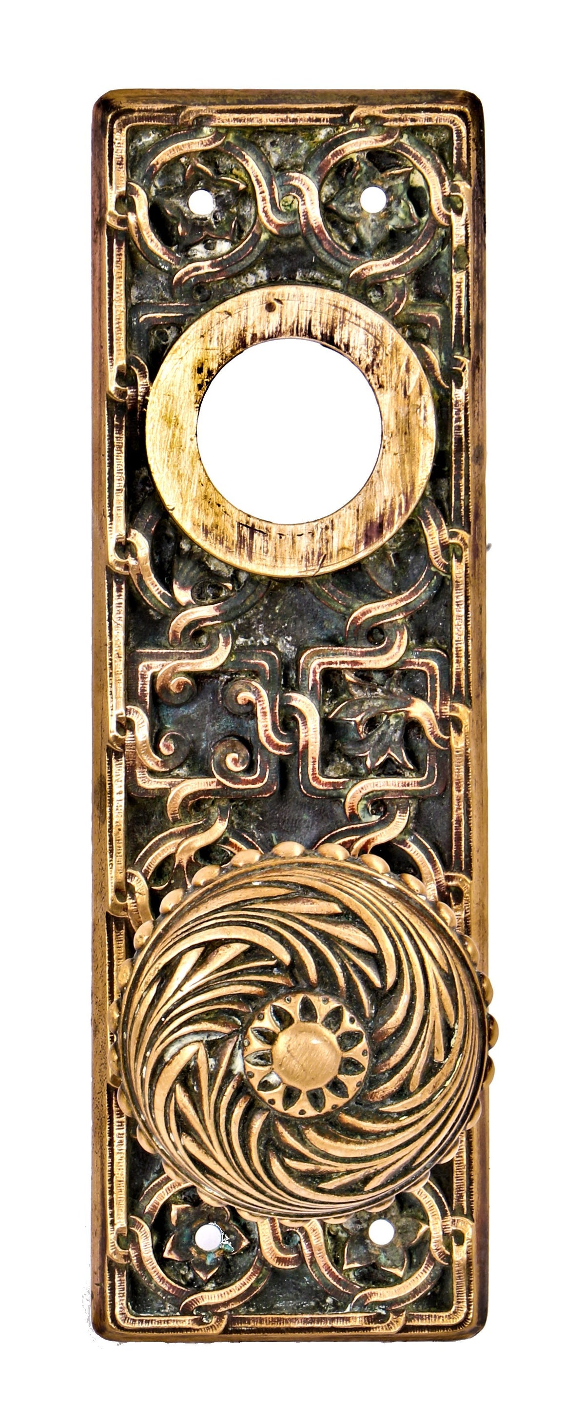 one of two matching 19th century combination ornamental cast bronze residential entrance door backplates with matching doorknob designed by yale & towne
