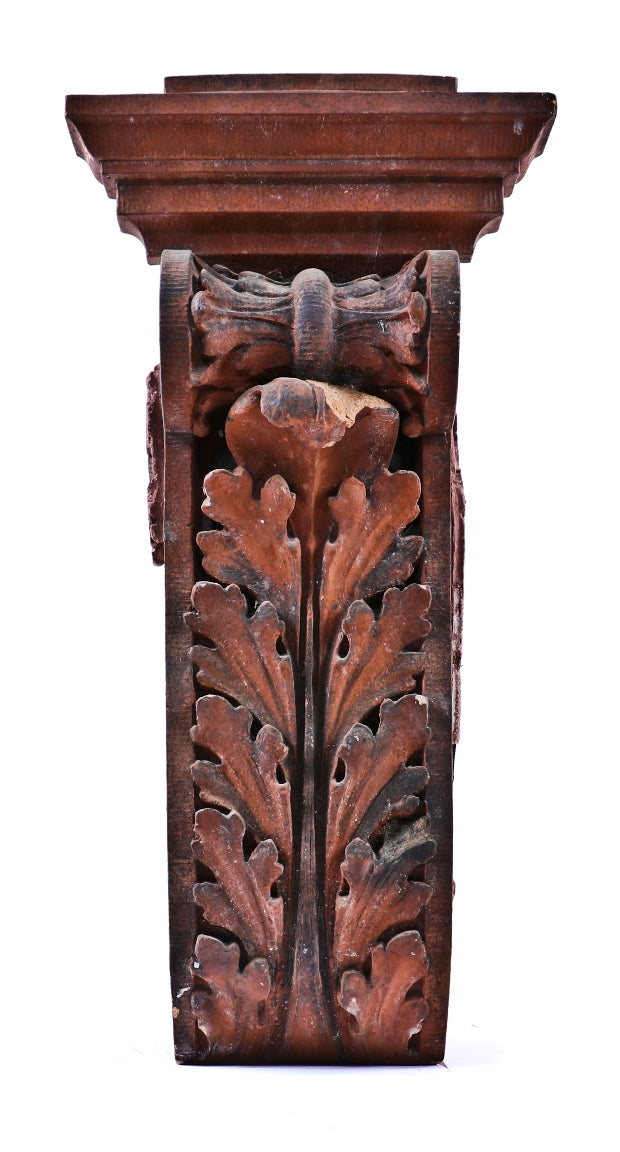 19th century original salvaged chicago antique american red terra cotta exterior commercial building window keystone with nicely weathered surface patina