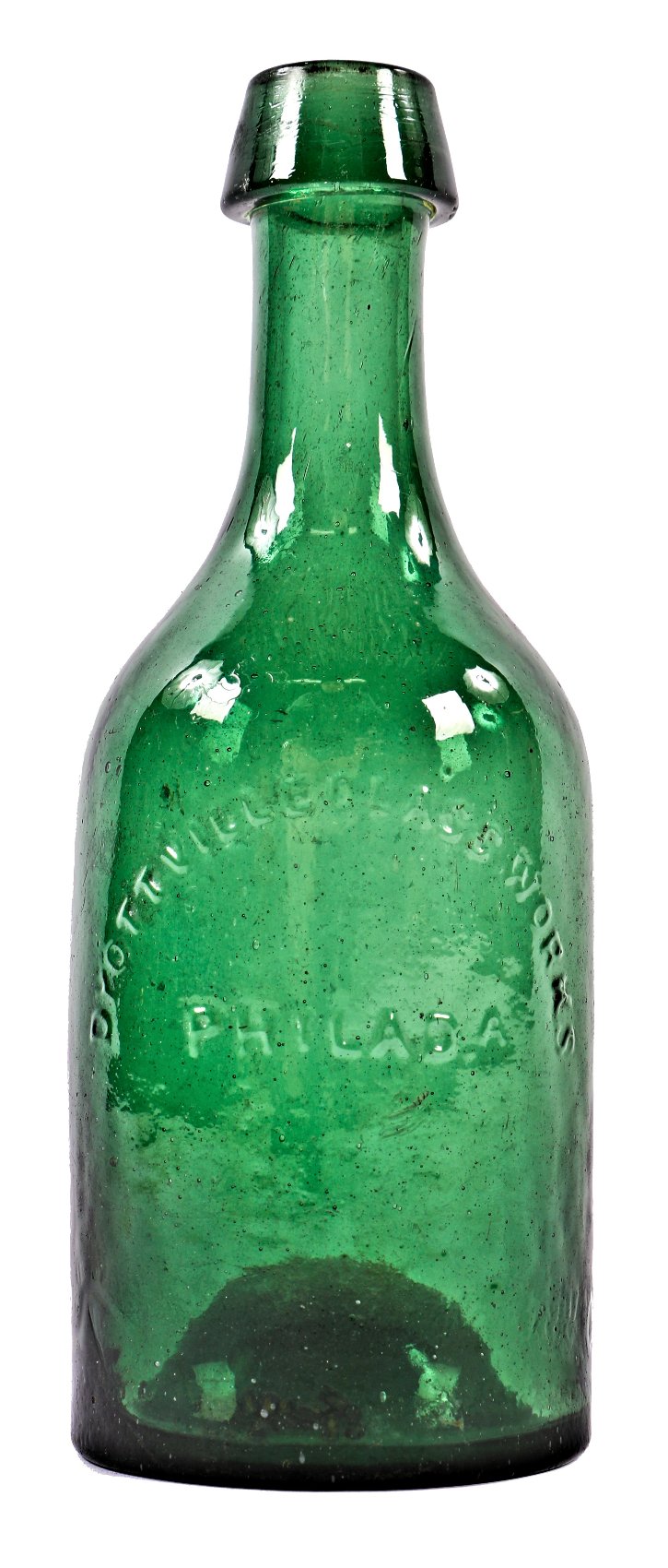 rare and all original antique mid-nineteenth century dark emerald green glass pontiled soda or mineral water bottle manufactured by the dyottville glassoworks in philadelphia.