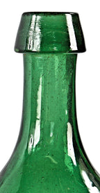 rare and all original antique mid-nineteenth century dark emerald green glass pontiled soda or mineral water bottle manufactured by the dyottville glassoworks in philadelphia.