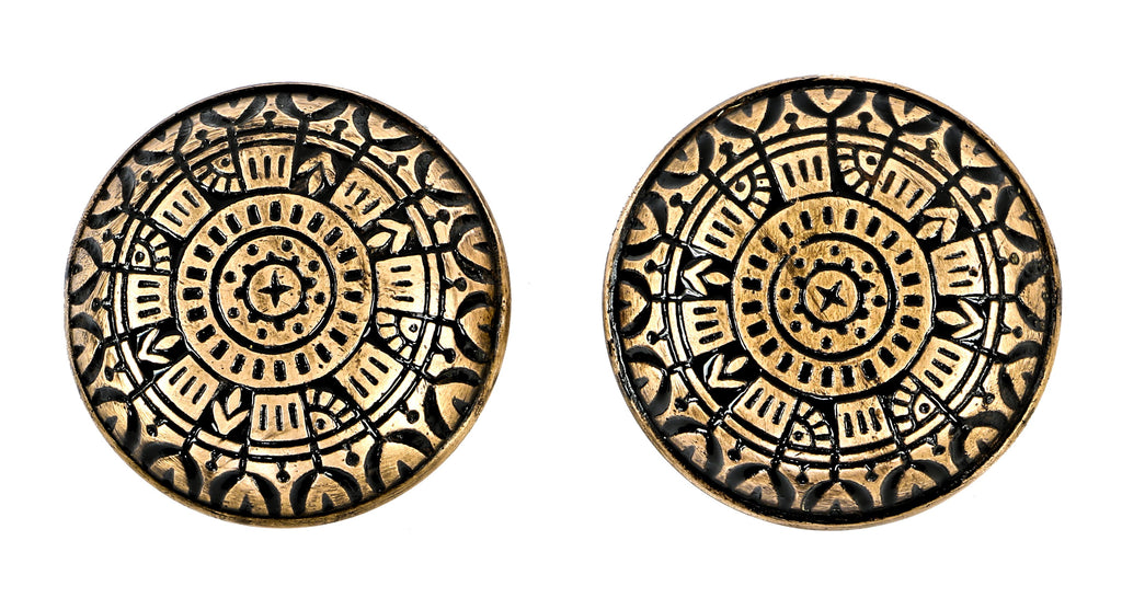 matching set of c. 1880's antique american ornamental cast brass banded rim eastlake style interior church door handles or knobs with black enameled inlay