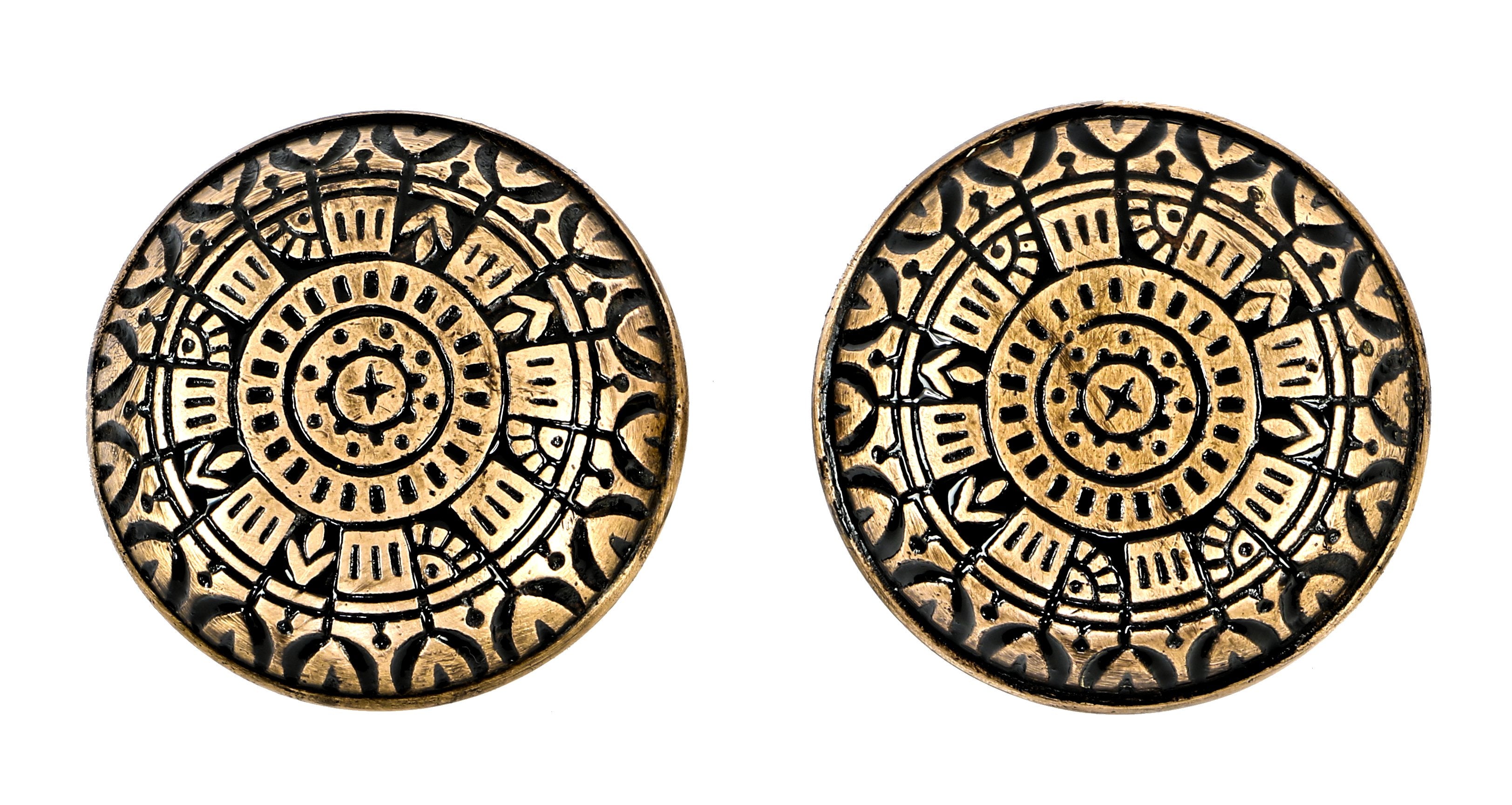 matching set of c. 1880's antique american ornamental cast brass banded rim eastlake style interior church door handles or knobs with black enameled inlay