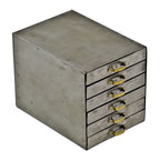 c. 1930's antique american industrial factory workbench folded and pressed steel salvaged multi-drawer diminutive storage cabinet with brass pulls or handles