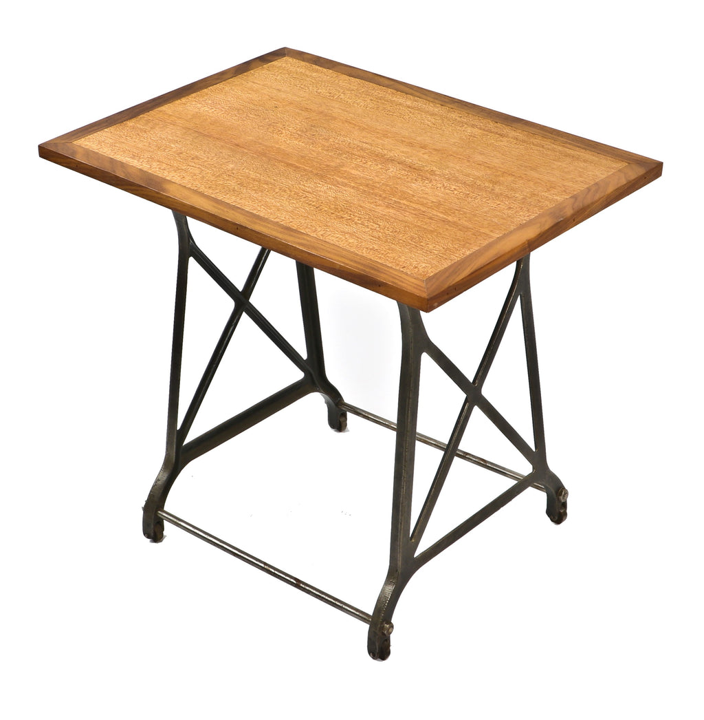 original and totally unique low-lying early 20th century repurposed factory office salvaged adding machine brushed iron stand with new added solid walnut and mahogany wood tabletop