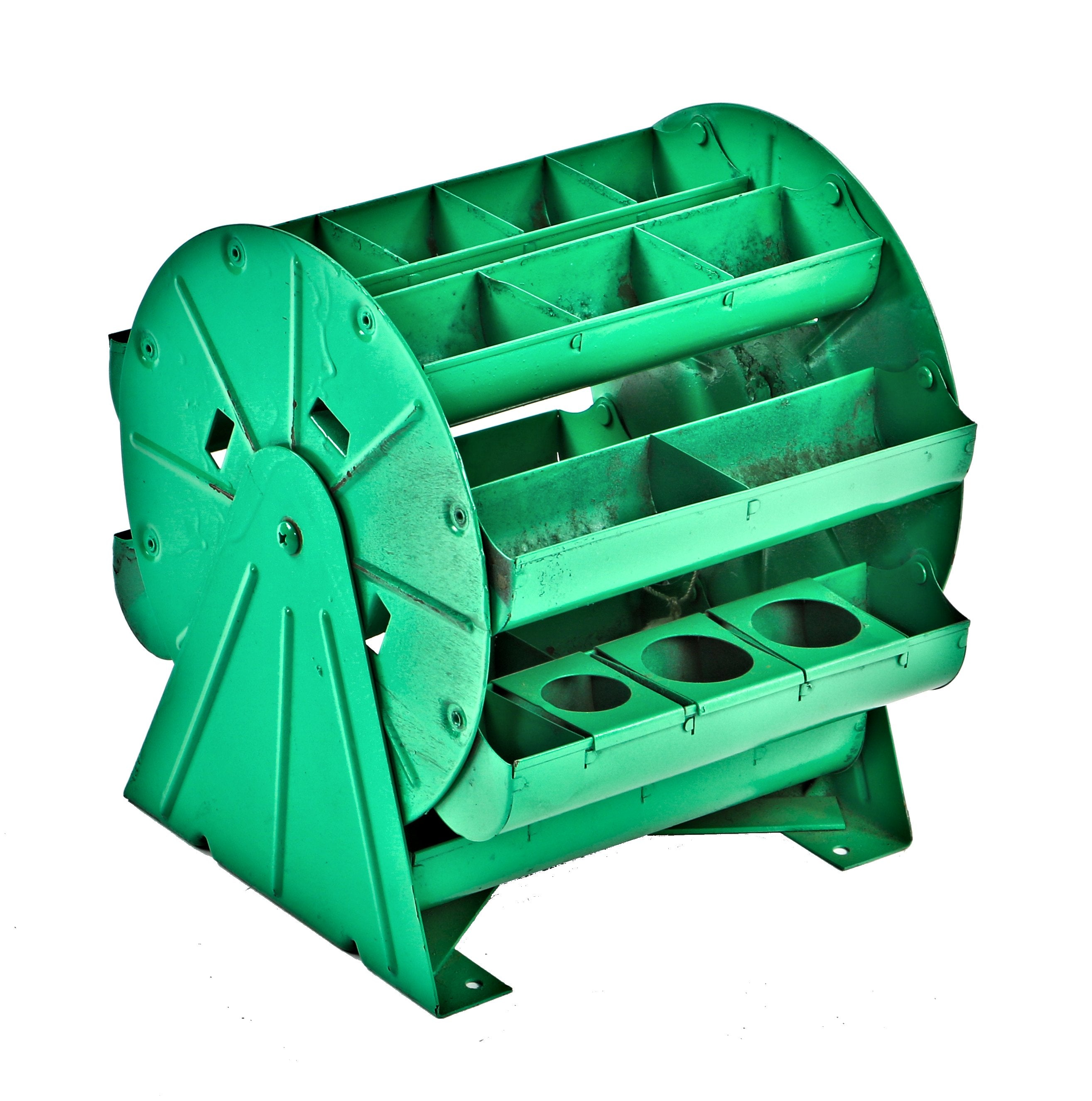 completely intact and fully functional american vintage industrial rotatable workbench "ferris wheel" small parts tray caddy with factory green enameled finish