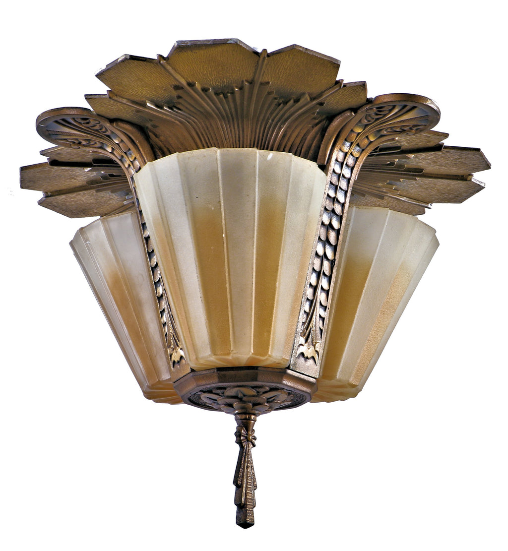 well-maintained original and completely intact american depression era polychromatic pressed glass slip shade residential pendant light fixture with fluted or grooved shades