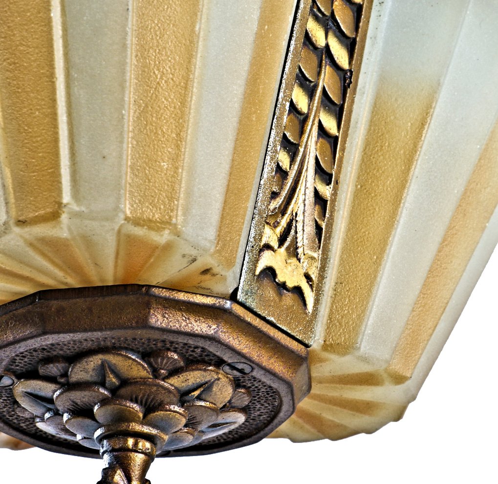 well-maintained original and completely intact american depression era polychromatic pressed glass slip shade residential pendant light fixture with fluted or grooved shades