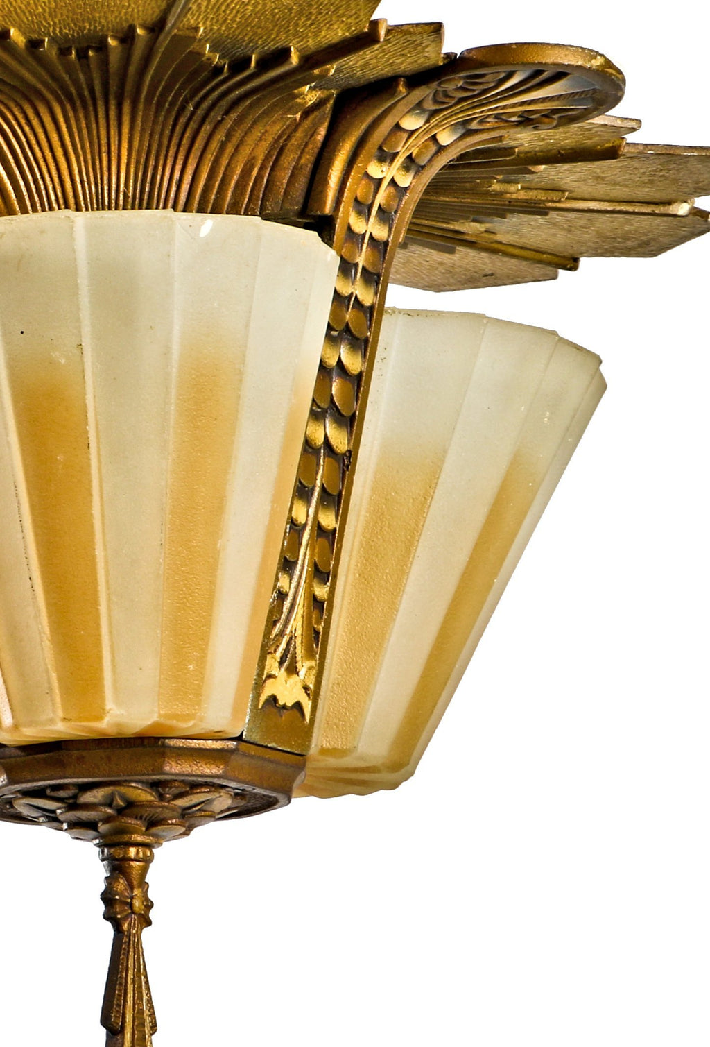 well-maintained original and completely intact american depression era polychromatic pressed glass slip shade residential pendant light fixture with fluted or grooved shades