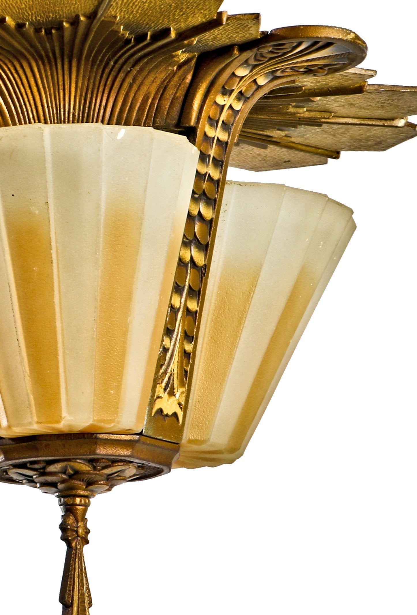 well-maintained original and completely intact american depression era polychromatic pressed glass slip shade residential pendant light fixture with fluted or grooved shades