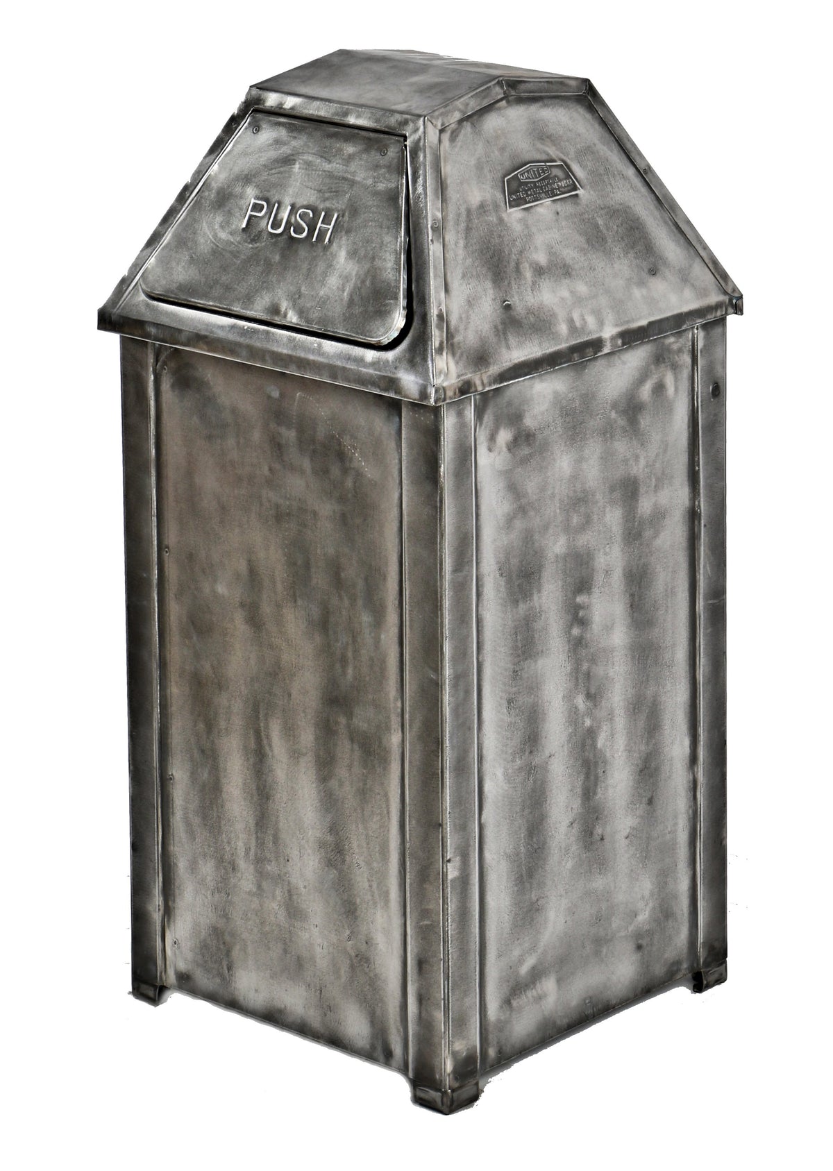 single all original and hard to find completely refinished antique american industrial self-closing pyramidal-shaped stationary pressed and folded metal waste can