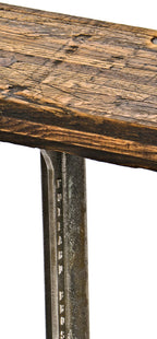 robust antique american industrial reconfigured a. finkl & sons foundry locker room pollard bench bases with old oak wood railroad boxcar flooring