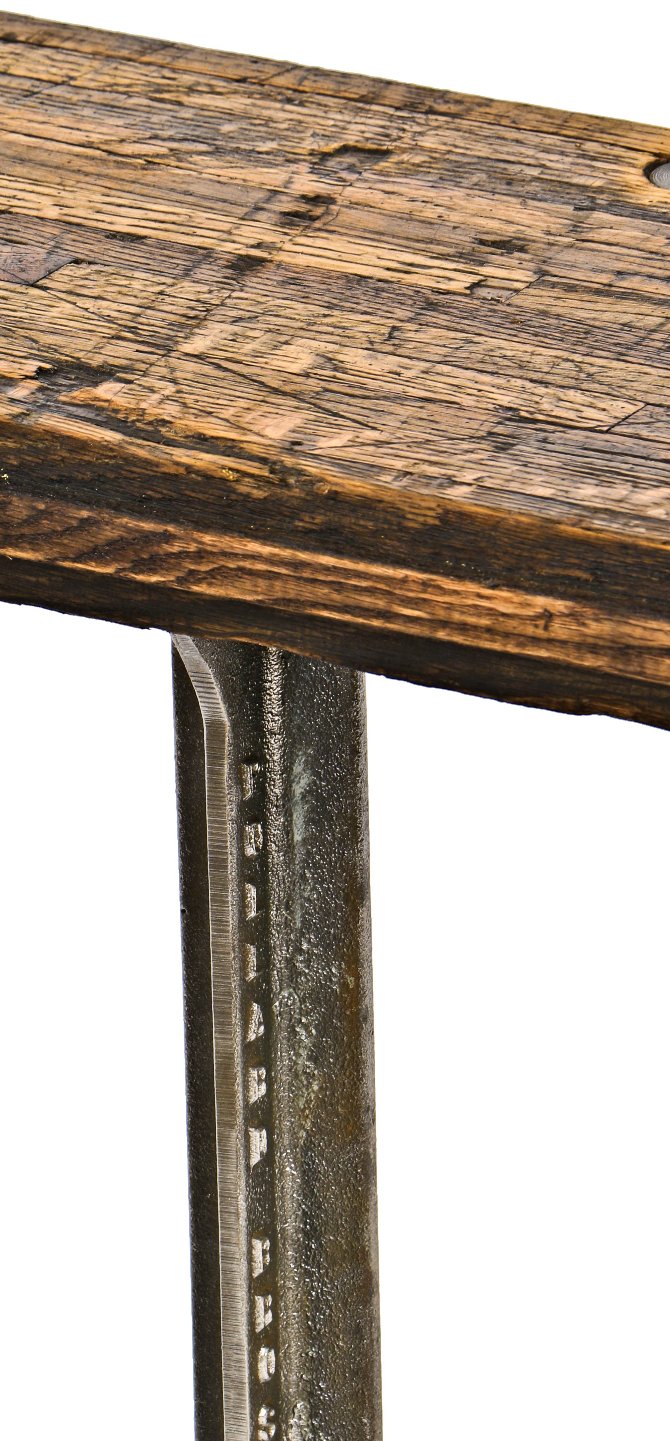 robust antique american industrial reconfigured a. finkl & sons foundry locker room pollard bench bases with old oak wood railroad boxcar flooring