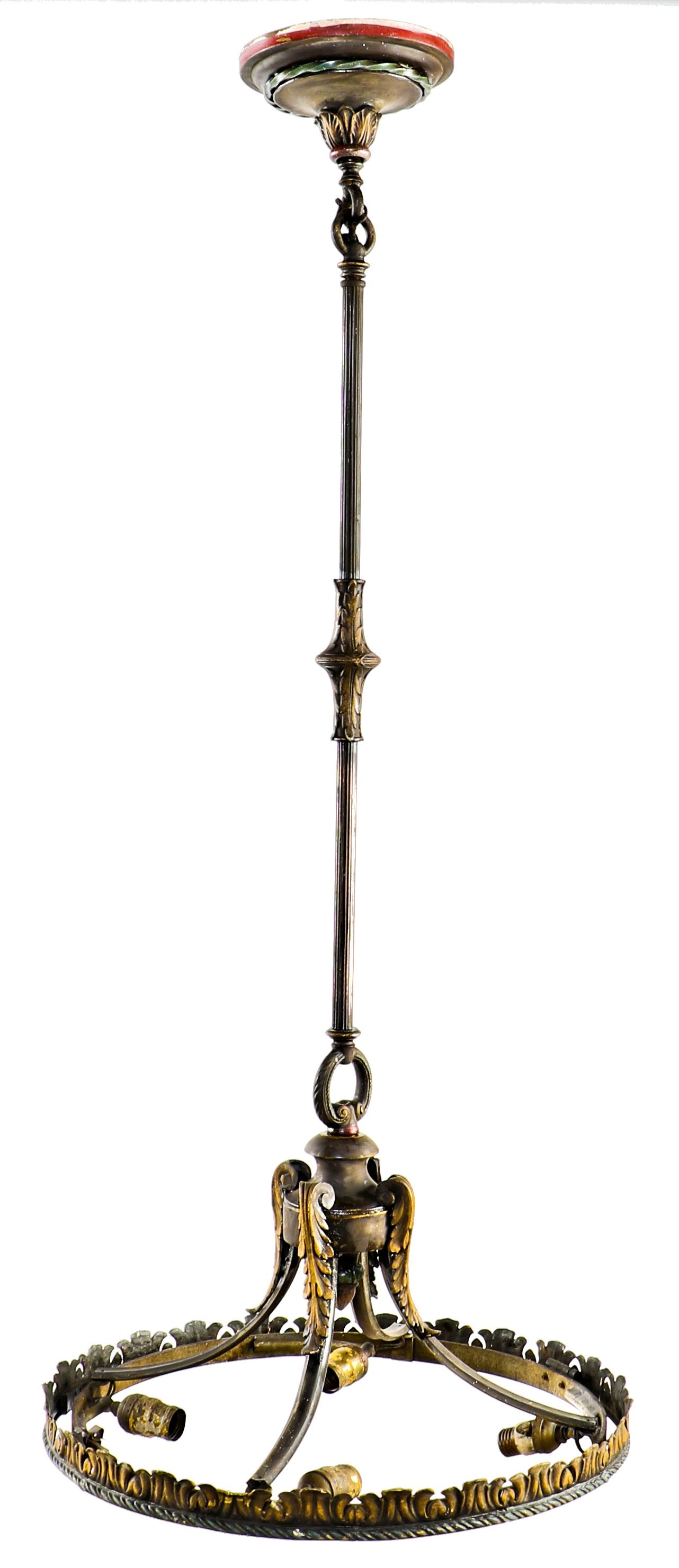 early 20th century oversized chicago athletic club association building interior polychromatic brass ceiling fixture with original canopy and shade holder