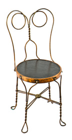 very well-maintained original and intact ornamental copper-plated twisted wrought iron interior soda fountain or ice cream parlor chair with reinforced backrest