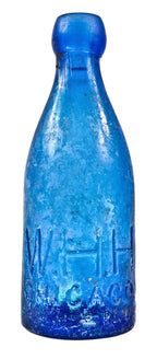 hard to find antique american nineteenth century privy dug cobalt blue glass w.h.h. soda style bottle fabricated for chicago bottling giant william h. hutchinson.