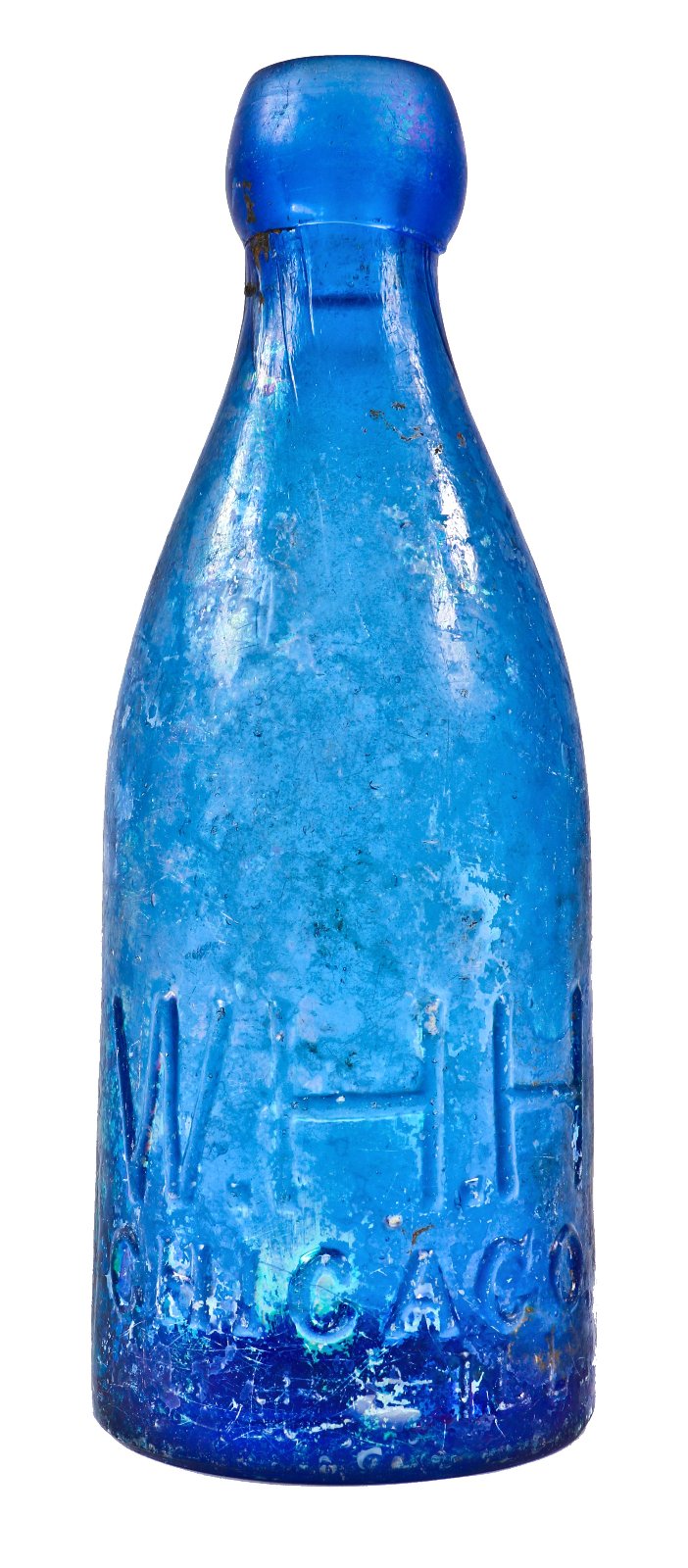 hard to find antique american nineteenth century privy dug cobalt blue glass w.h.h. soda style bottle fabricated for chicago bottling giant william h. hutchinson.