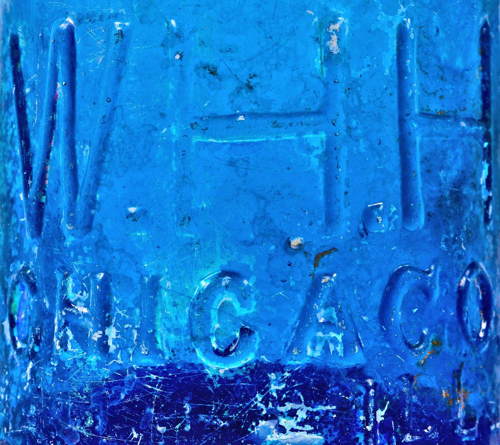 hard to find antique american nineteenth century privy dug cobalt blue glass w.h.h. soda style bottle fabricated for chicago bottling giant william h. hutchinson.