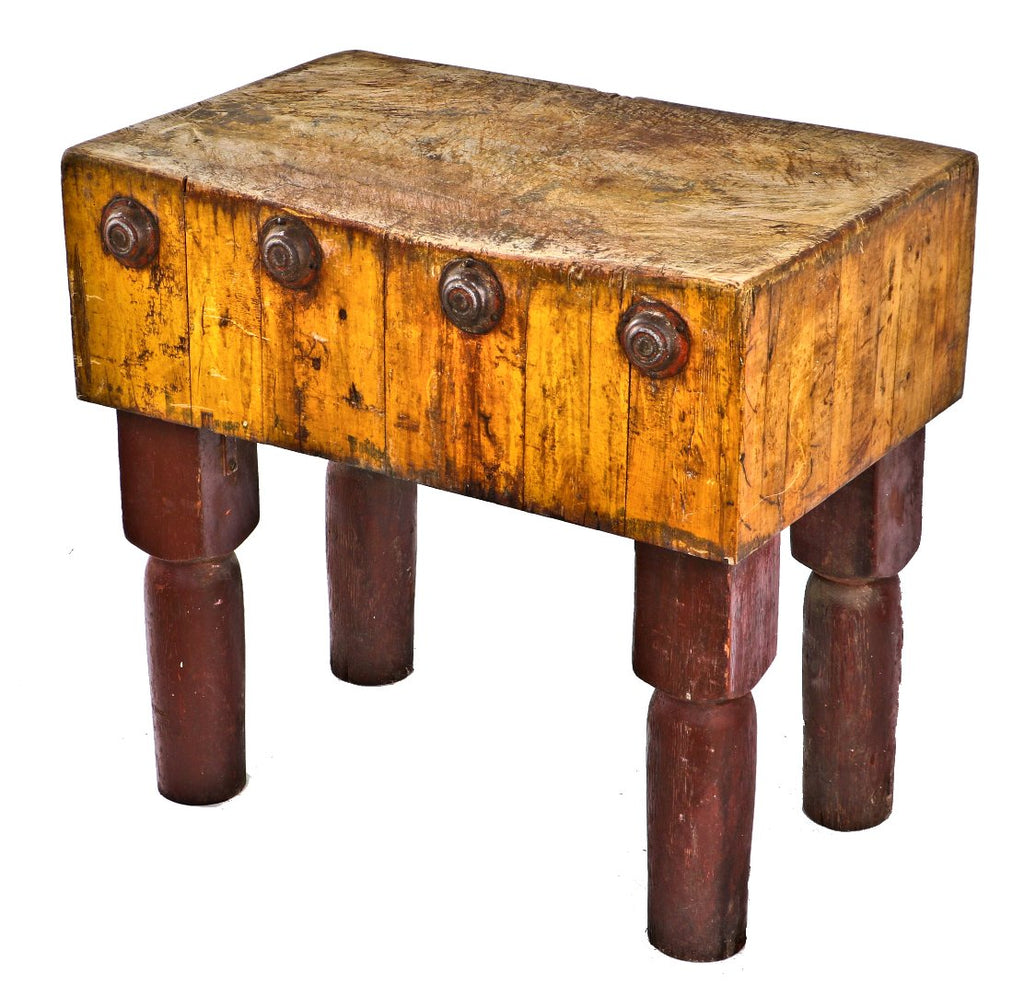 early 20th century antique american salvaged chicago fulton market butcher shop heavy duty solid maple wood chopping block table with original turned and tapered legs