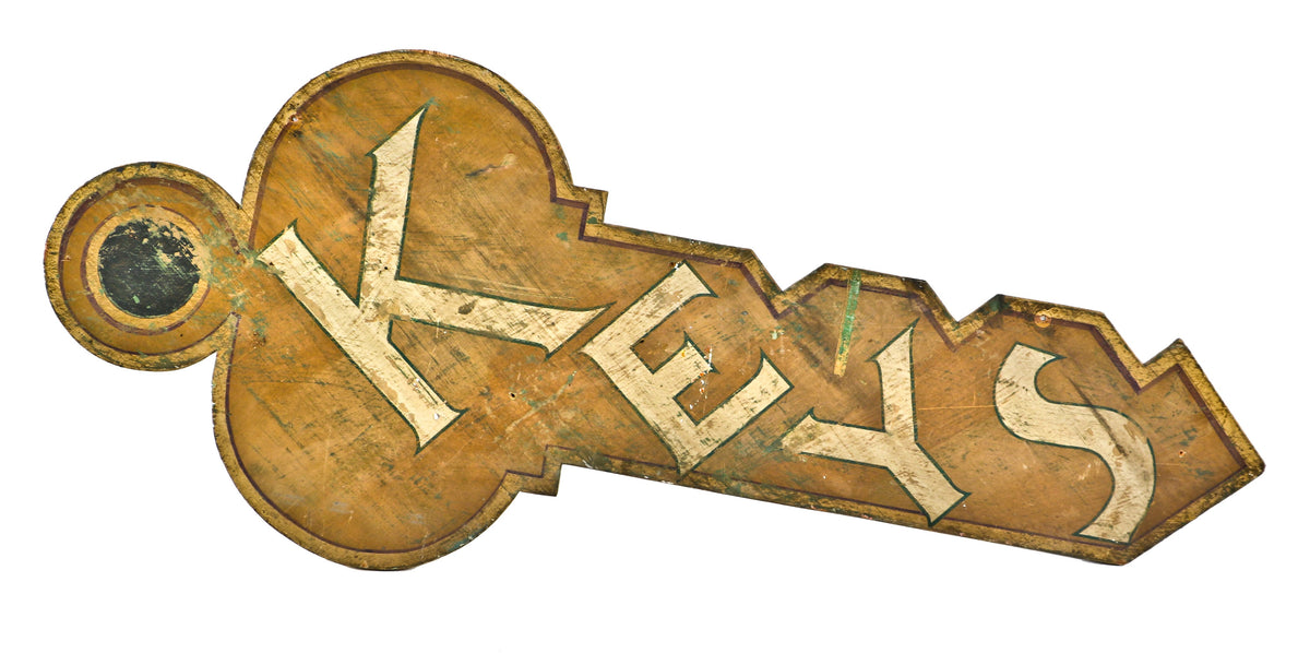 rare all original and well-maintained american c. 1920's single-sided exterior storefront hand-painted hardware or locksmith oversized wood key trade sign
